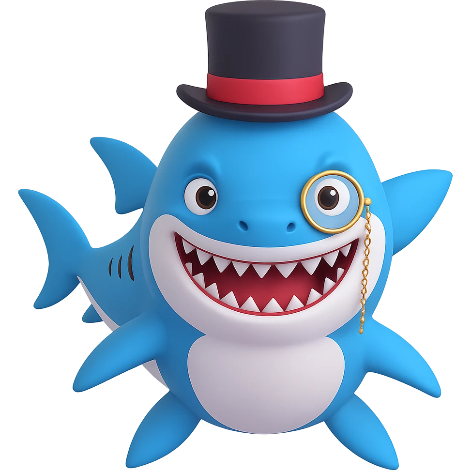 Add a monocle to the cute shark with a fancy top hat, friendly expression, no background. emoji