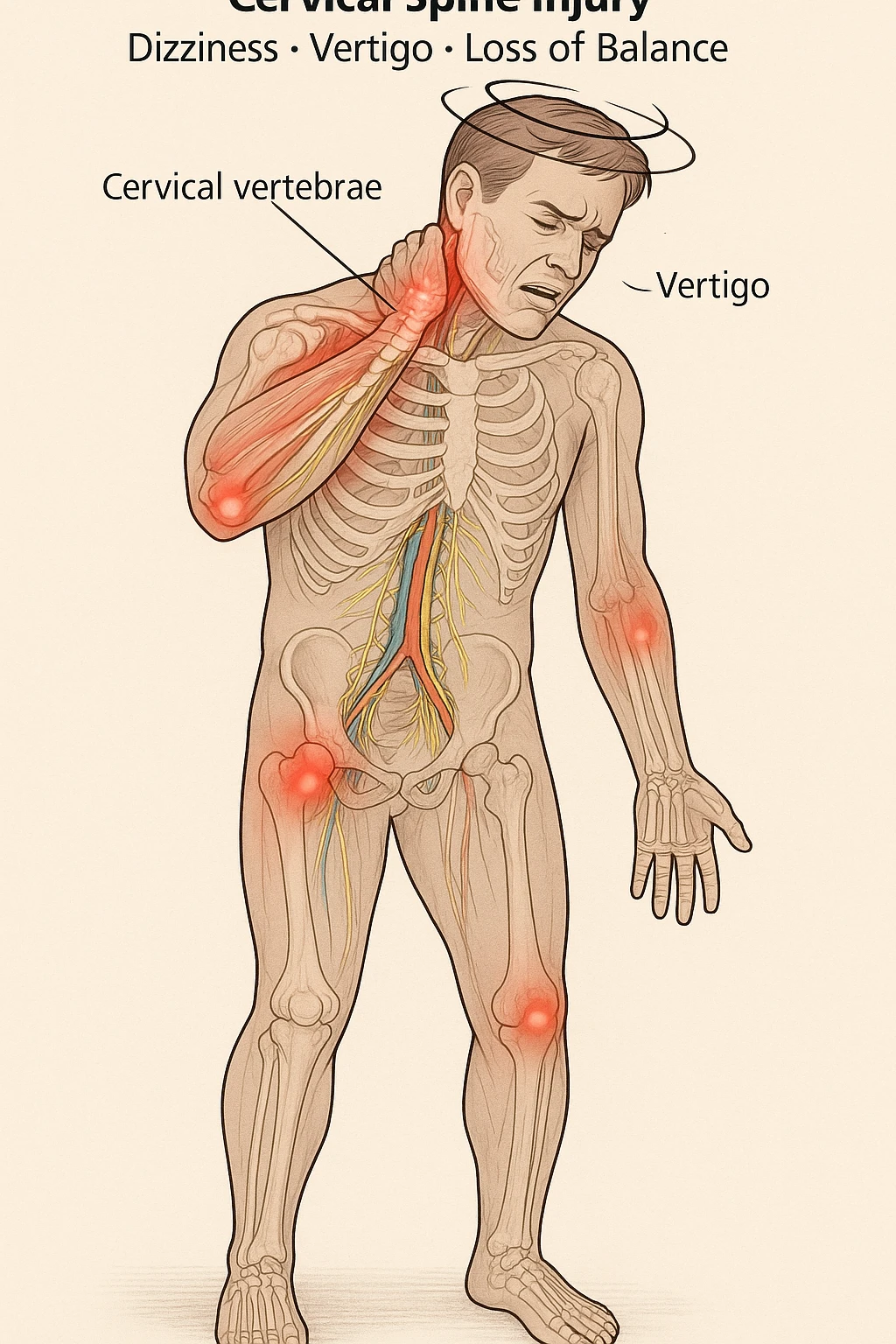 Uomo con dolore per infortunio vista anatomica in piedi con dolori cervicali vertigini e sbandamenti emoji