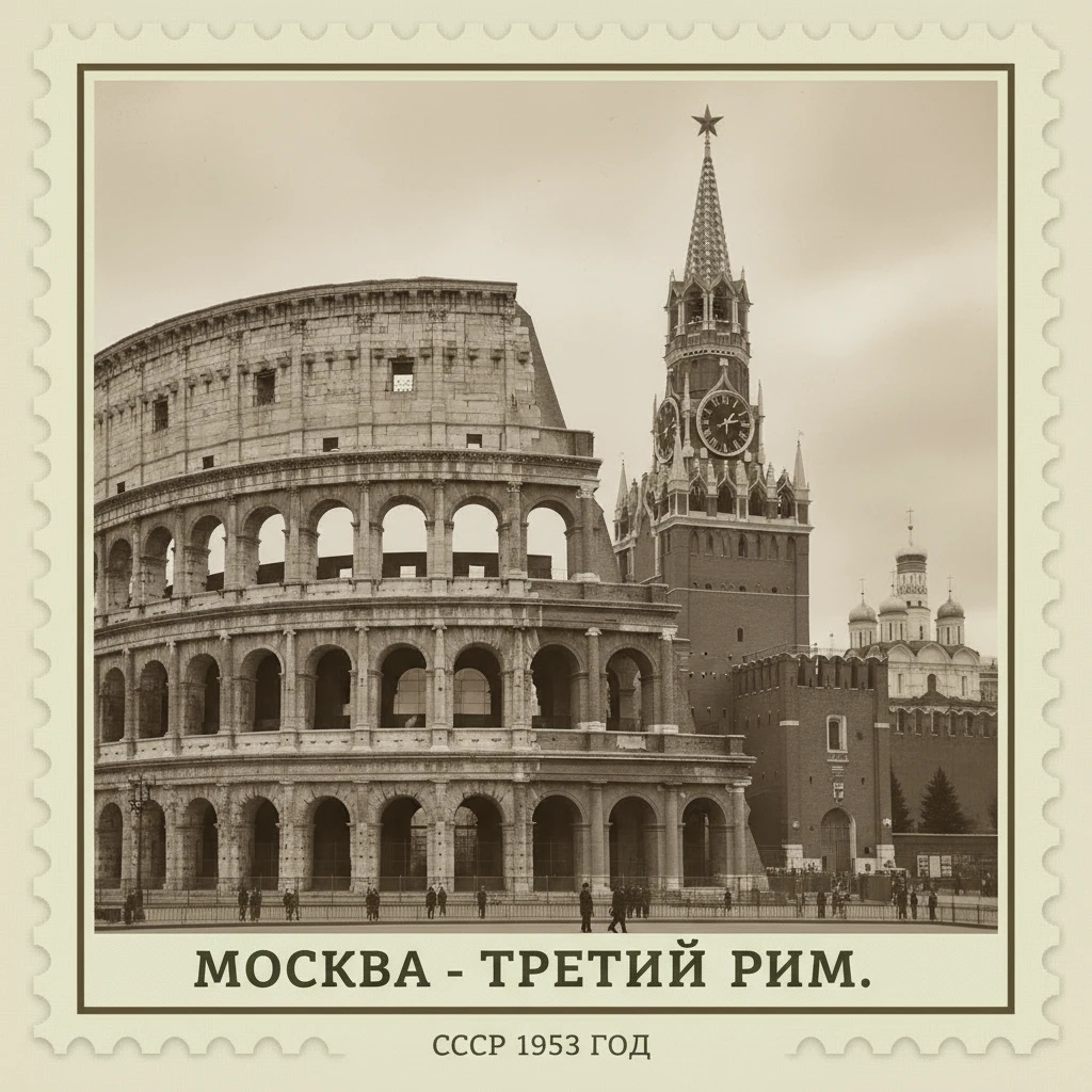 Римский Колизей рядом с московским Кремлем

Подпись: Москва - третий Рим. СССР 1953 год

Стилизуй изображение под марку как на фото emoji