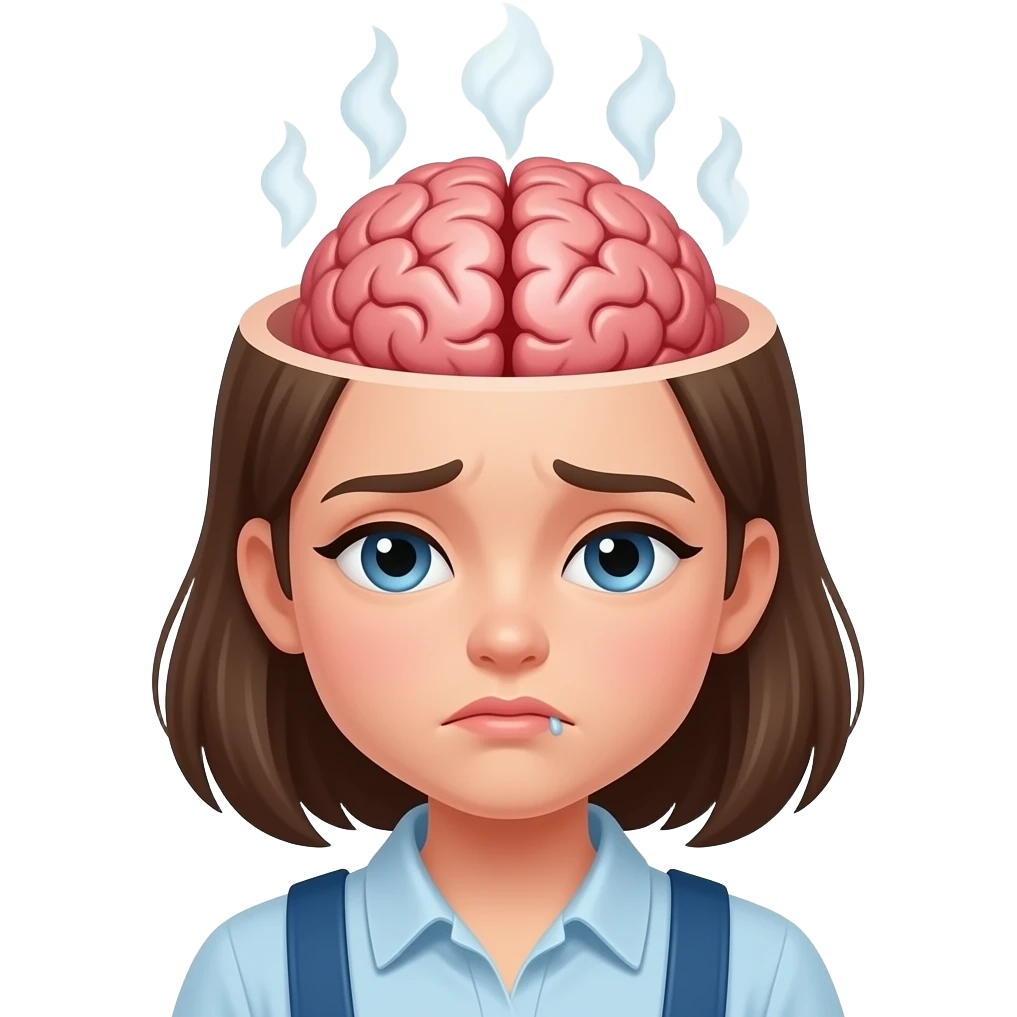 GIRL WITH UPPER HEAD OPEN WITH VISIBLE BRAIN AND STEAM FROM HER HEAD BUT MAKE HER FACE TIRED LIKE SHES HARD WORKING emoji
