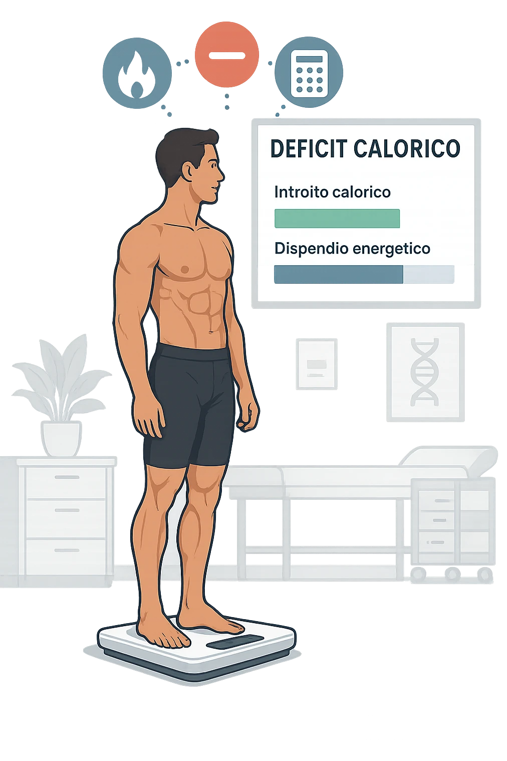 a man stands on a digital scale, looking at a nutrition chart that shows his daily calorie intake is lower than his energy expenditure. Floating icons above his head display a negative calorie balance, and his body appears slightly leaner, with visible muscle definition. The background is a modern clinic, emphasizing the concept of caloric deficit. scritto in italiano emoji