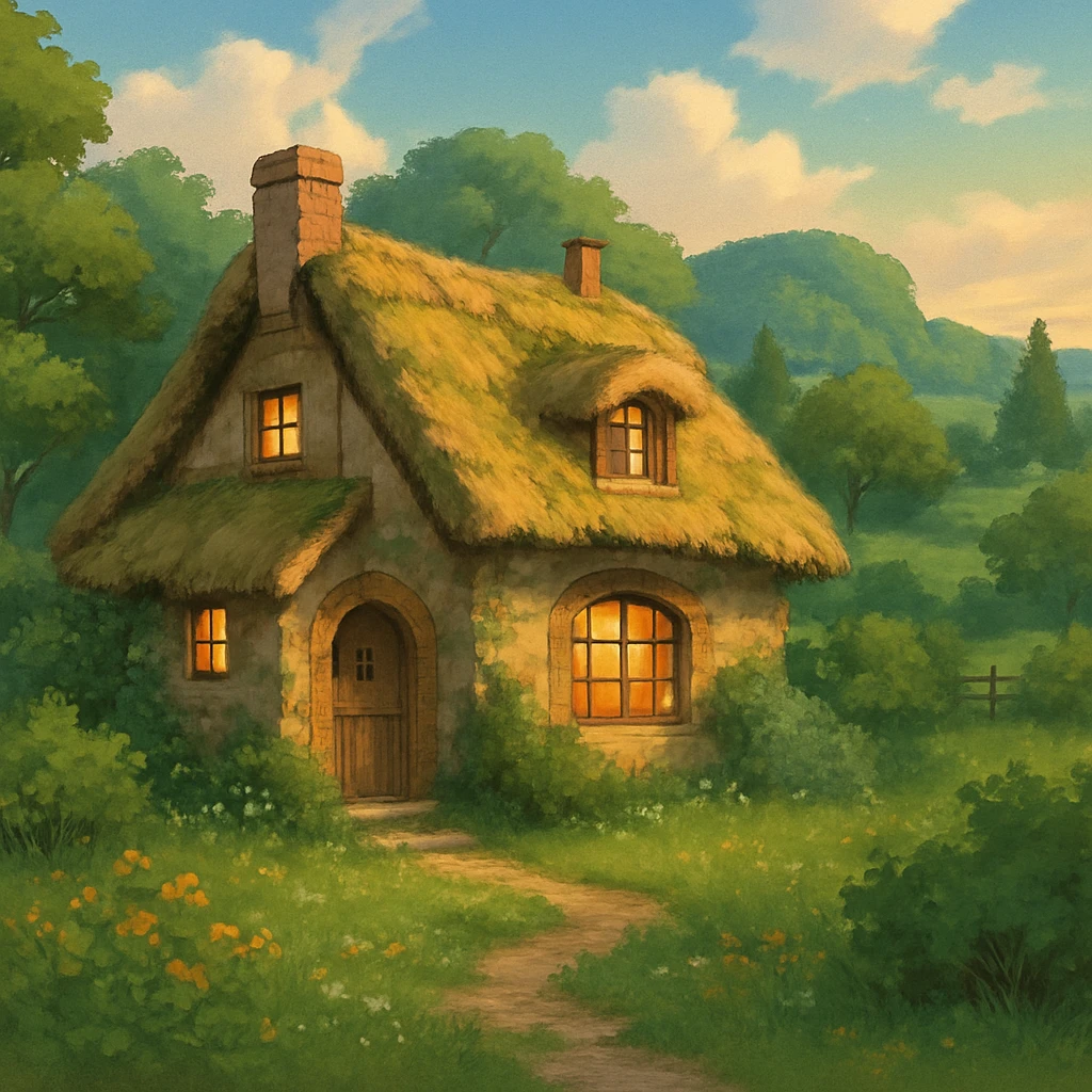 cozy cottage in a lush landscape with gentle lighting in ghibli style emoji