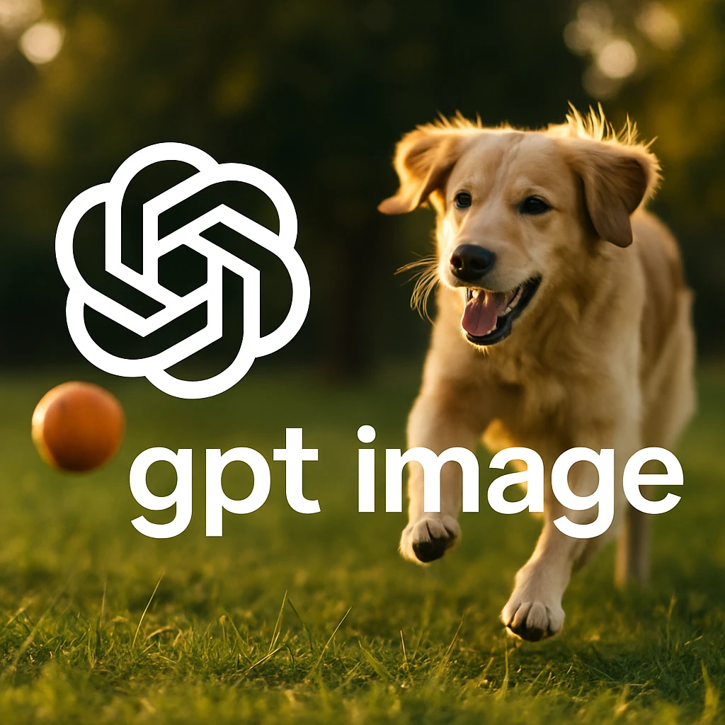  logo of chat gpt with text "gpt image" on the background of a dog chasing ball, realistic image emoji