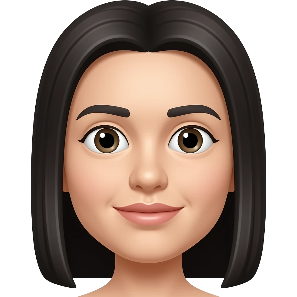 Long round face, a large nose, round small eyes , thick pouty lips and long straight blackish hair emoji