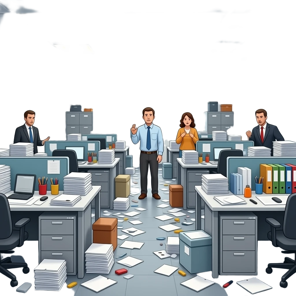 una imagen que respresente la falta de estrucura en un negocion con el mismo estilo de las imagenes anteriores  con personas en ella sin marco emoji