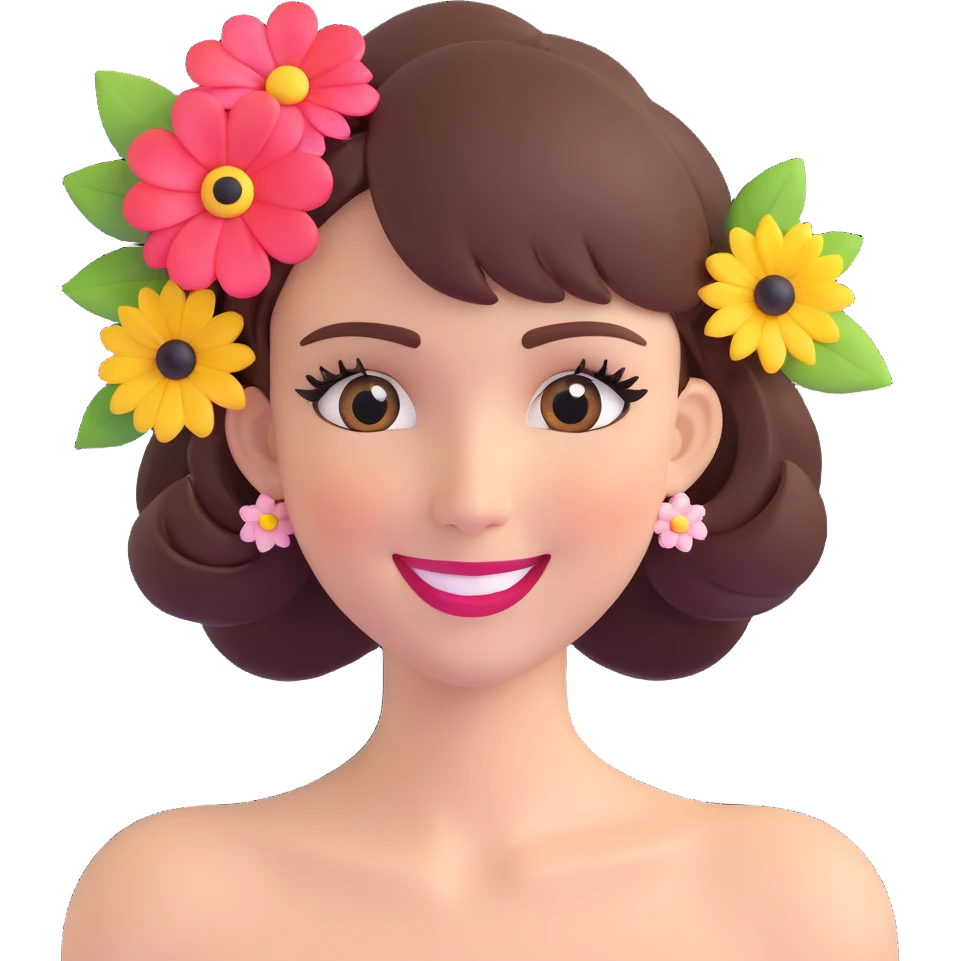 3D emoji of a smiling, feminine face with big eyelashes, no body, colorful and friendly, romantic style, with feminine accessories, motif: flower, transparent background emoji