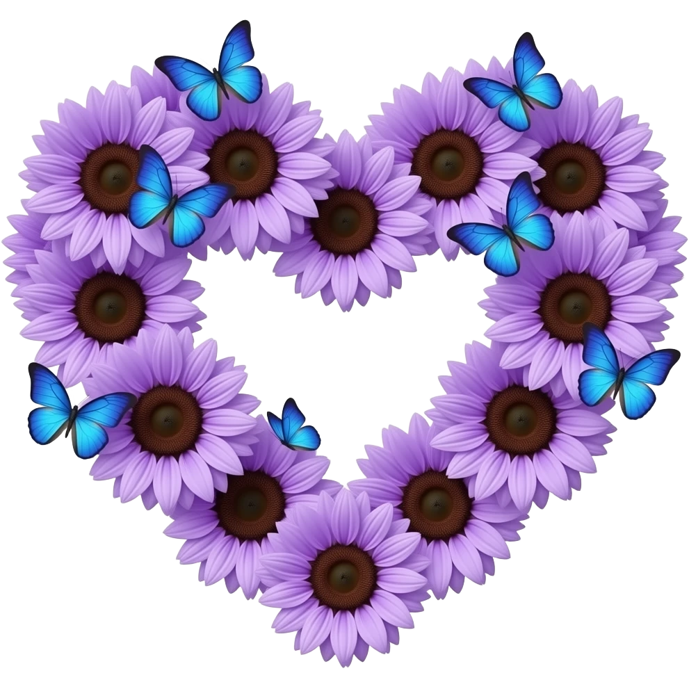 A heart of purple sunflowers with blue butterflies emoji