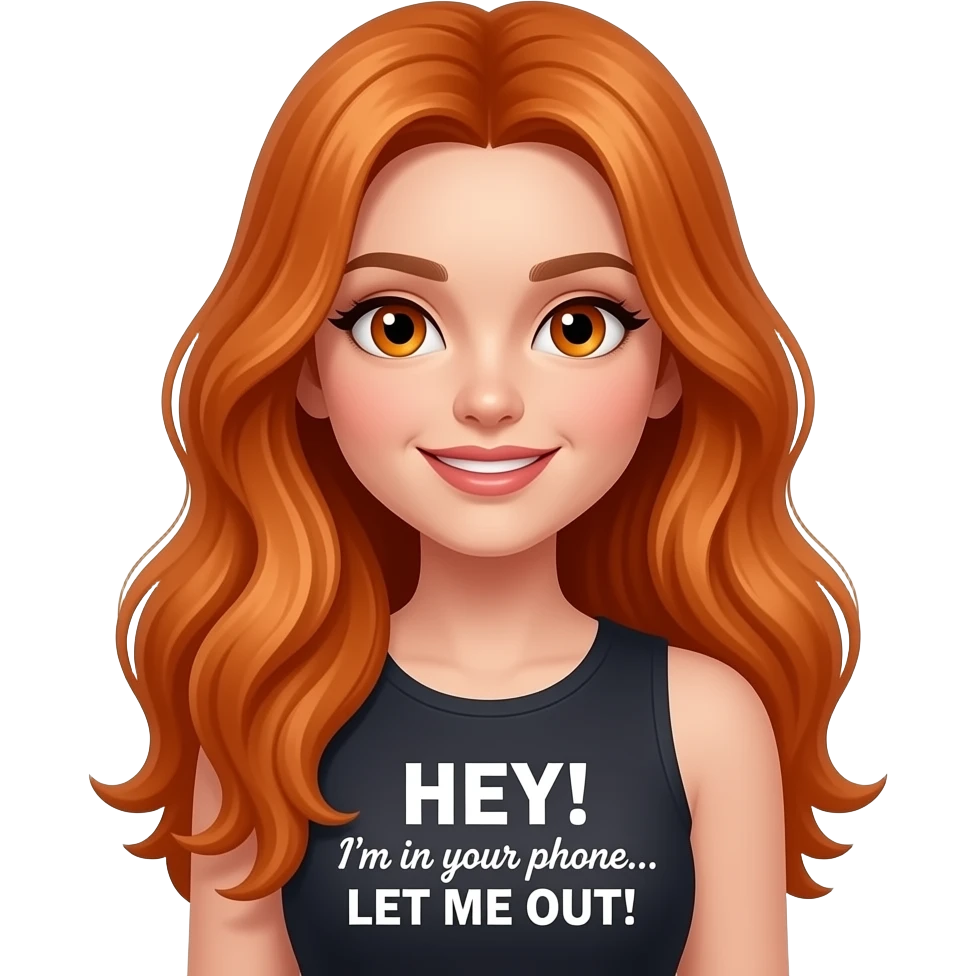 sexy girl with overlong ginger hair and ginger eyes a top with HEY! I'm in your phone... LET ME OUT! written on it emoji