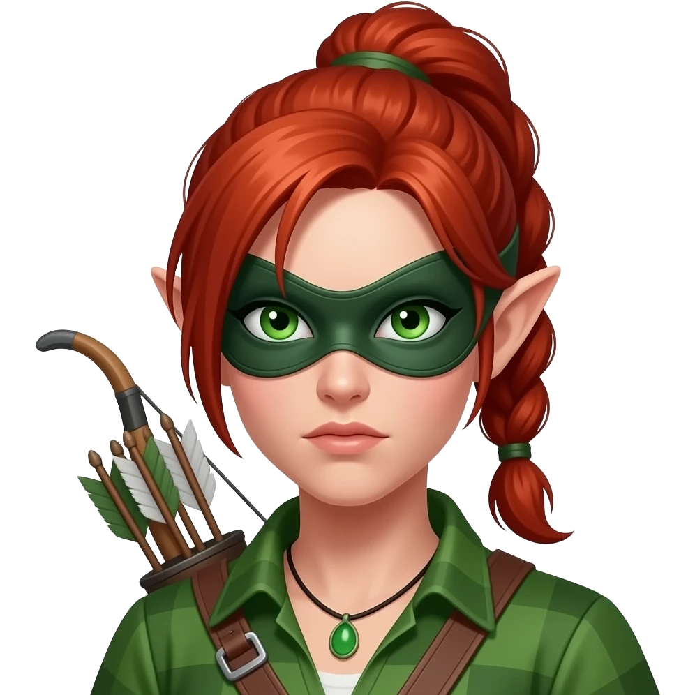 femme rousse aux yeux verts, cheveux attachés ensemble au dessus de la tête avec un tresse, ressemble à une elfe, archère, voleuse avec un masque qui cache ses yeux, pas de bijou, tenue verte, air déterminé emoji