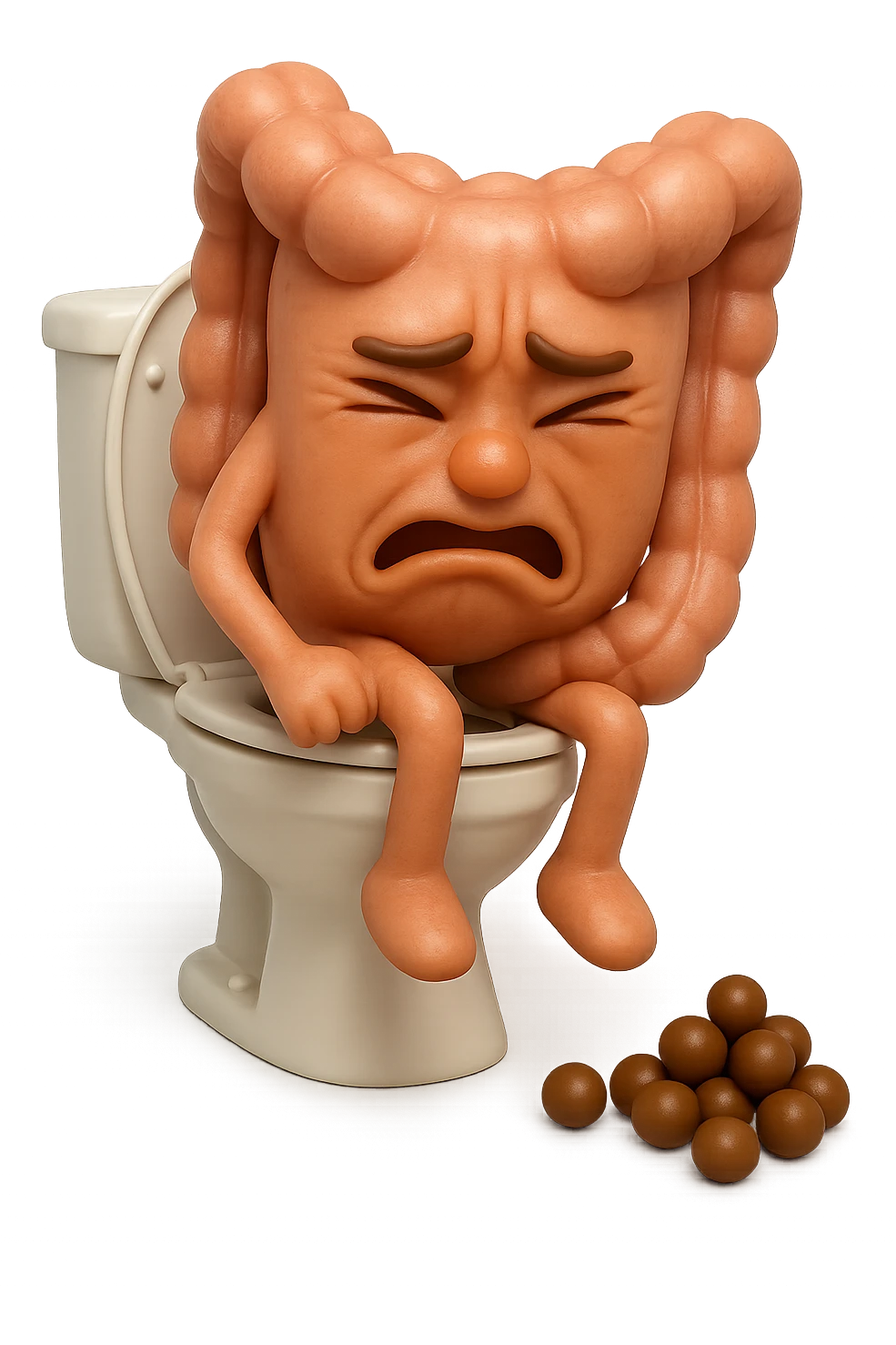SU QUESTO STILE FAI UN EMOJI STILE IPHONE 3D DI UN INTESTINO CHE sta seduto sul wc e davanti ha una montagnetta di feci a palline stile emoji iphone, FAGLI UN ESPRESSIONE di dolore mentre si sforza E FALLO MOLTO REALISTICO IN 3D emoji