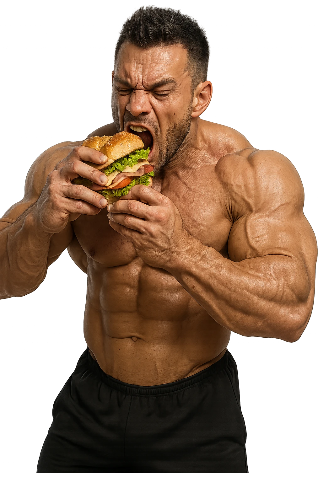 bodybuilder che mangia affamato un panino, iperrealistico 4k emoji