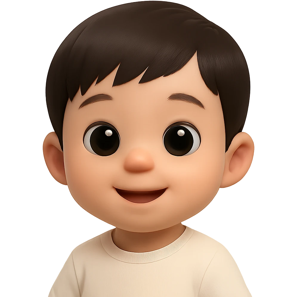 Transform the image into a 3D emoji style with 50% realism, preserving the cute Asian baby boy features, with no background. The style should reflect a blend of 3D emoji aesthetics and partial realism. emoji