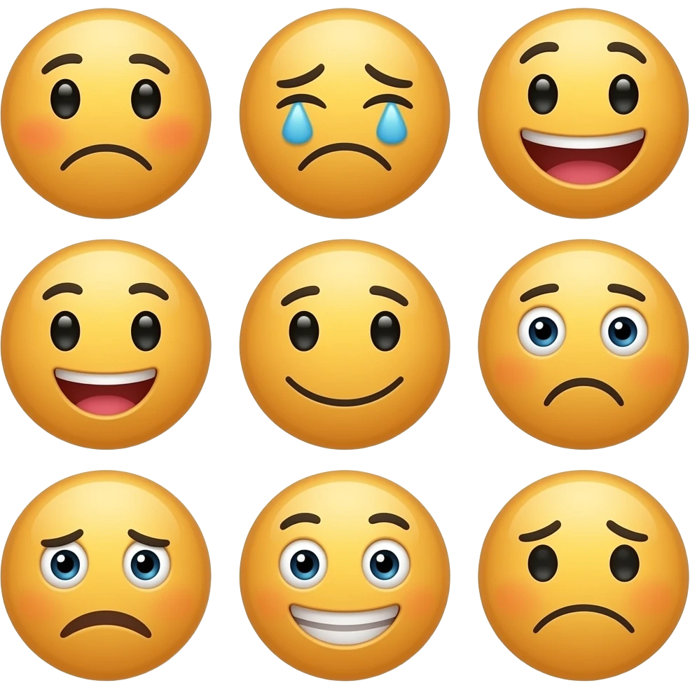 Un pack d'émoji avec une image par émotions : colère, tristesse, joie, fierté, déprime, sourire, boude emoji