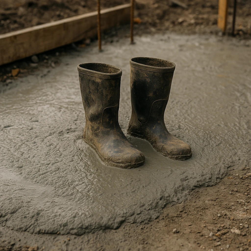 На строительной площадке видно застывший влажный бетон. В центре — пара старых резиновых сапог, частично утонувших и застывших в цементе, будто кто-то случайно оставил их там emoji