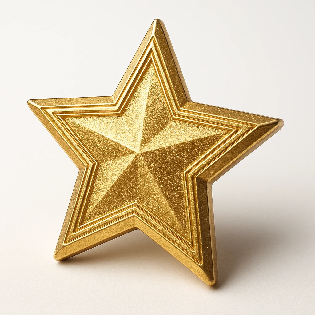 a glittery golden star-shaped medal, frontal view emoji
