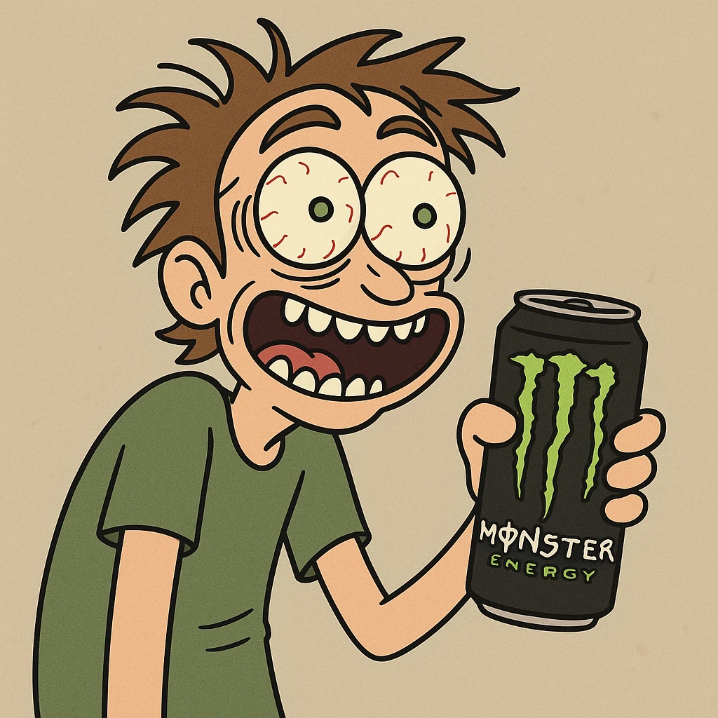 cartoon character strung out on Monster energy drink, wild eyes, jittery, holding a Monster can, cartoon style emoji