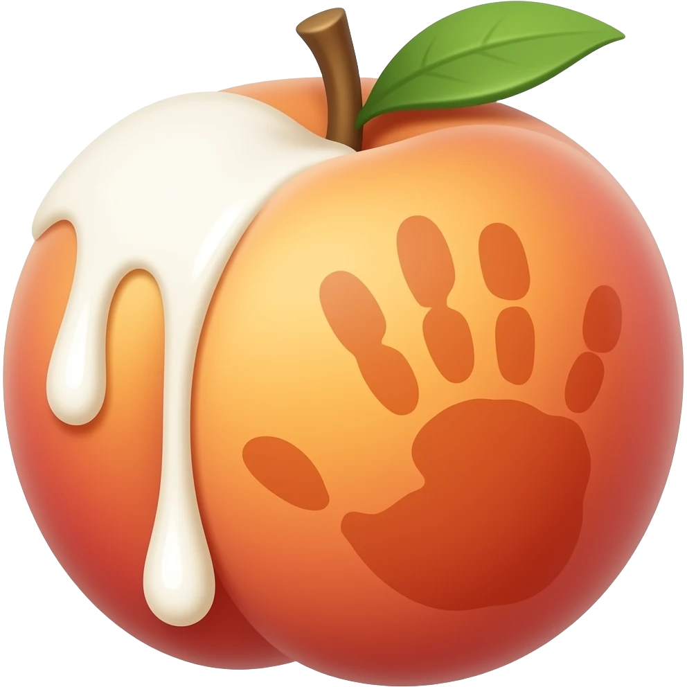 Make a peach with a hand print mark on the side, white liquid dripping down in droplets on the peach from top to bottom, emoji