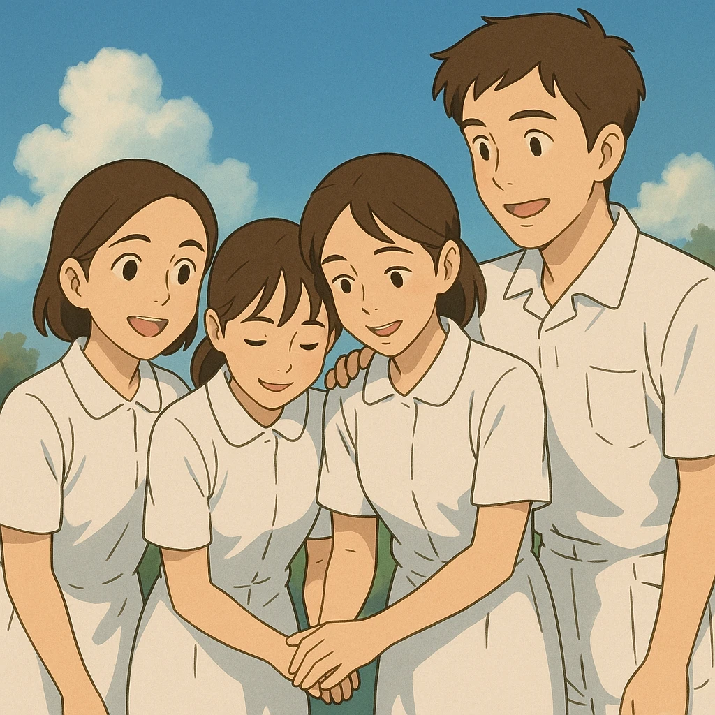 Four nursing students, three girls of the same height and one slightly taller boy, all in complete white short-sleeve uniforms without stethoscopes, helping each other, faces inspired by provided photos, Ghibli style, warm atmosphere, group dynamic emoji