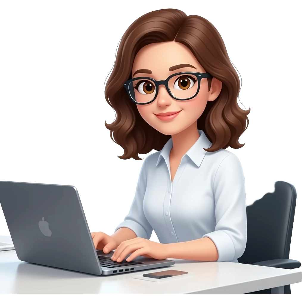 donna con occhiali che lavora al computer, capelli castani ondulati, lunghezza media,occhi castani emoji