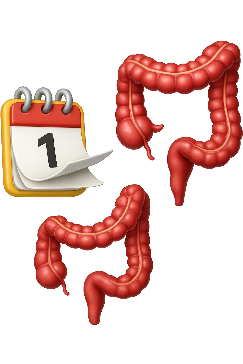 emoji stile iphone di un calendario con fogli che volano insieme a pezzi anatomici di colon umano, iperrealistico 4k, isolato su sfondo bianco emoji