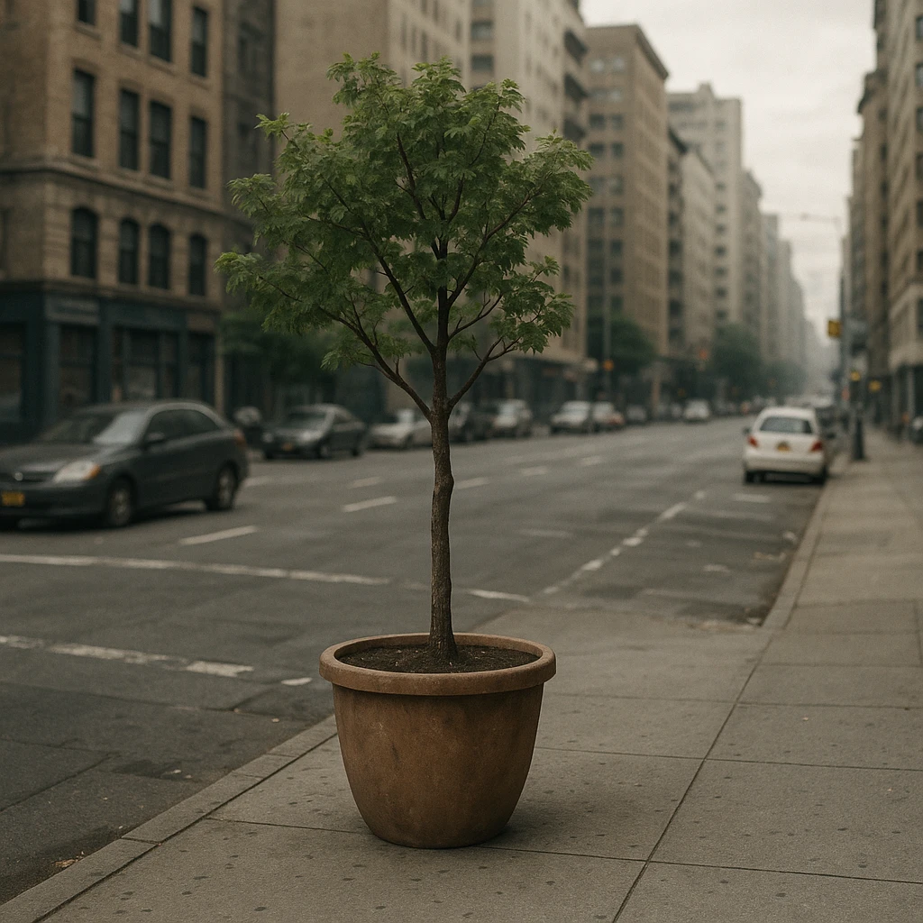 a street tree in a pot, standing alone on a sidewalk, looking lonely next to a busy street, capturing the essence of urban isolation, detailed urban environment, realistic style emoji
