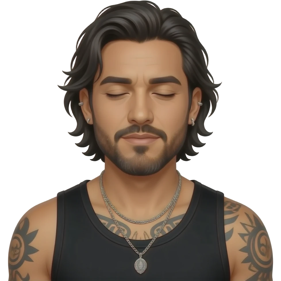 handsome, manly Latino podcast host with black colored eyes wearing a black tank top with silver jewelry, with medium length hair, a very long, lightly graying beard and tattoos, his ear and nose pierced, his hair is a disheveled because he just woke up, eyes barely open emoji