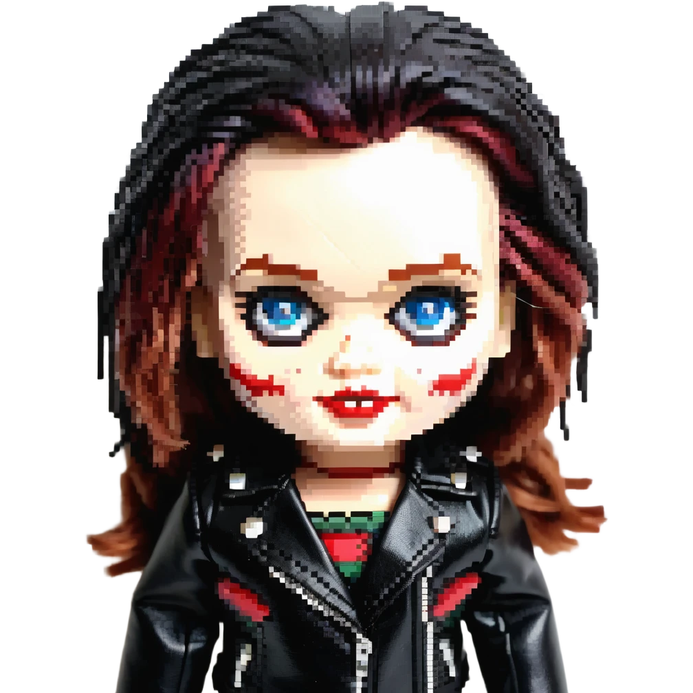 doll version of Chucky's bride in black dress, black leather jacket, heavy dark makeup emoji