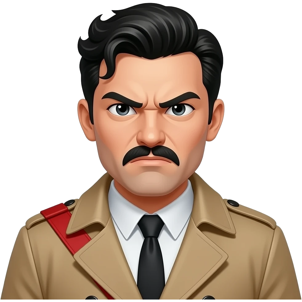 An angry man with black waves hair and a skinny square black mustache and he is in a trench coat with a red shoulder band. emoji