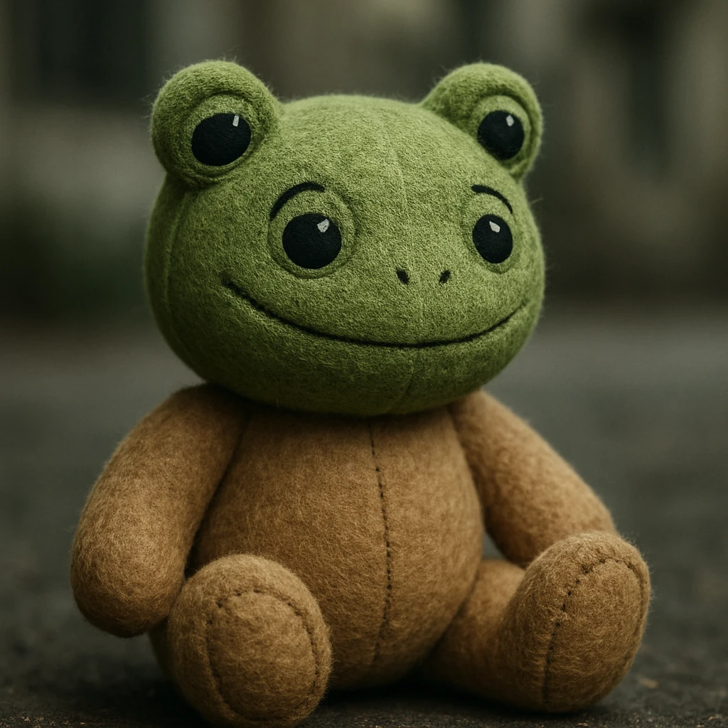 frog plush with a teddy bear body, green fur, large frog eyes, and a gentle smile, designed to look adorable emoji