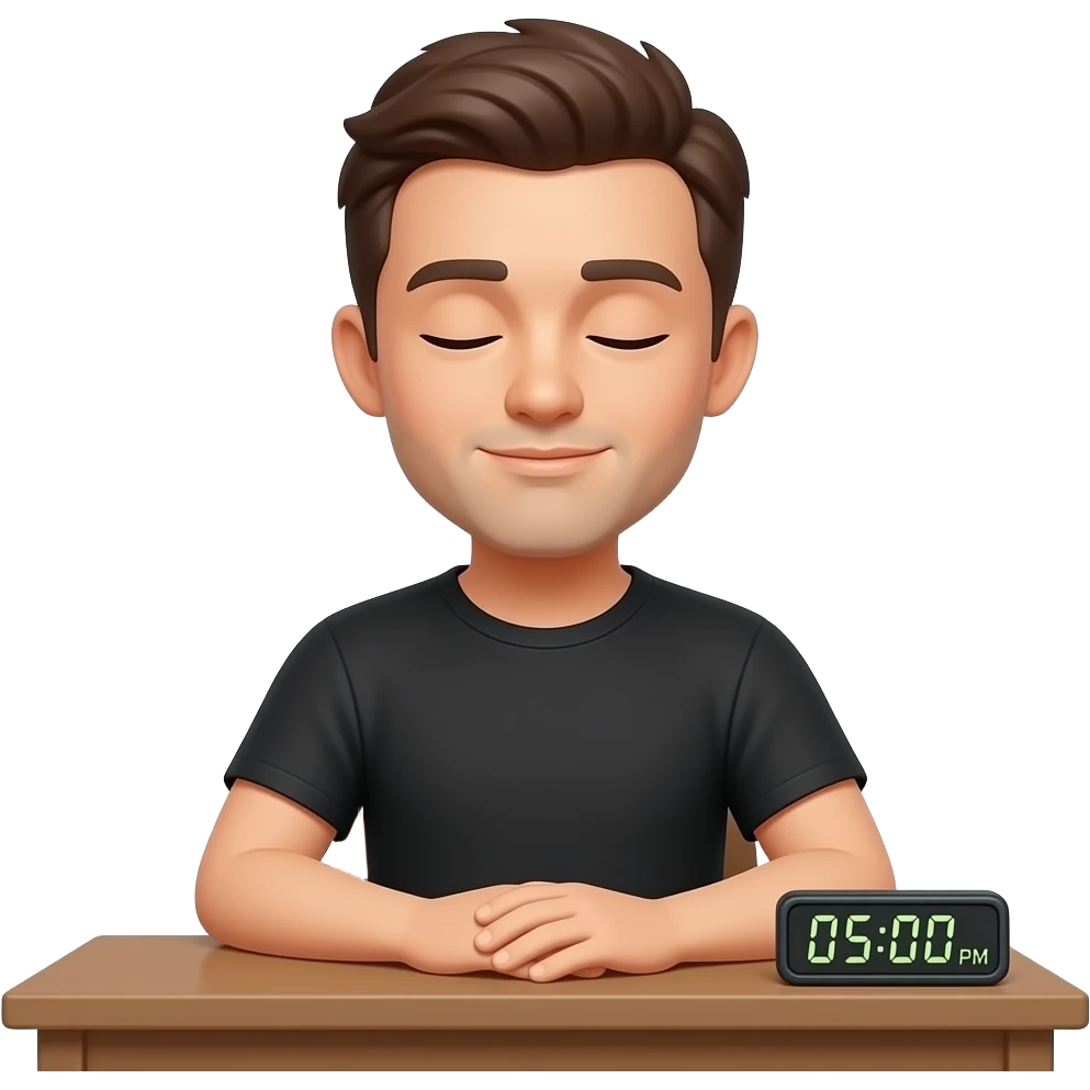 hombre de remera negra,durmiendo sentado en el escritorio,con un reloj digital en el escritorio que marque las "05:00PM" emoji