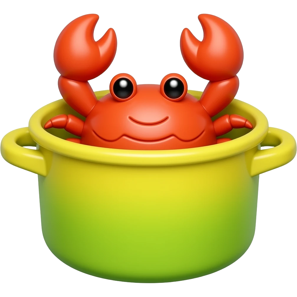 toy  red crab in a green  and yellow plastic cooking pot emoji