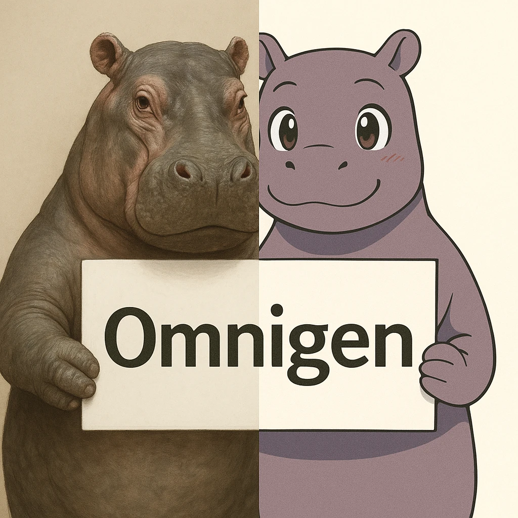 two hippo holding sign of omnigen, half picture 1 hippo is realistic another half is the anime of that same second hippo emoji