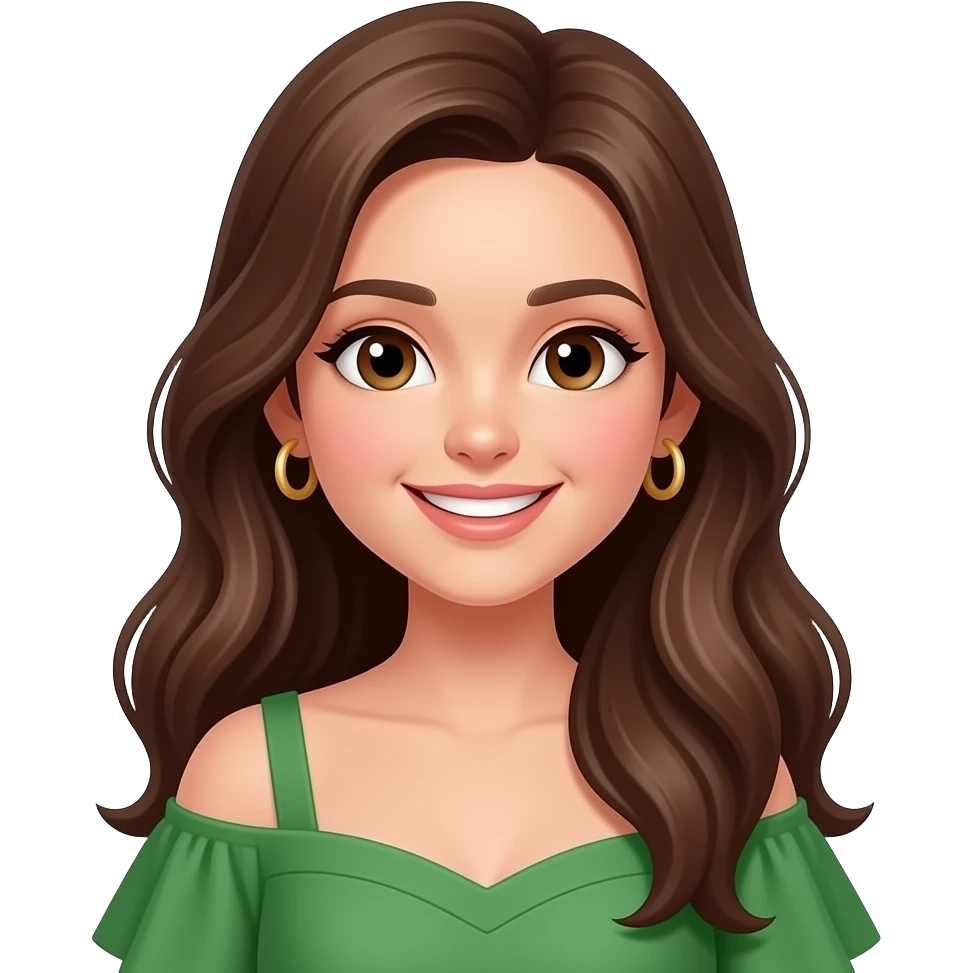 Change earrings in image to stud gold hoop, https://www.emojis.com/emoji/girl-like-https-www-emojis-com-emoji-emoji-vd96a8gmudc-but-with-light-brown-ha-nuWX2TKEkUR, long brown hair, smile with teeth, light brown eyes, green dress with shoulders emoji