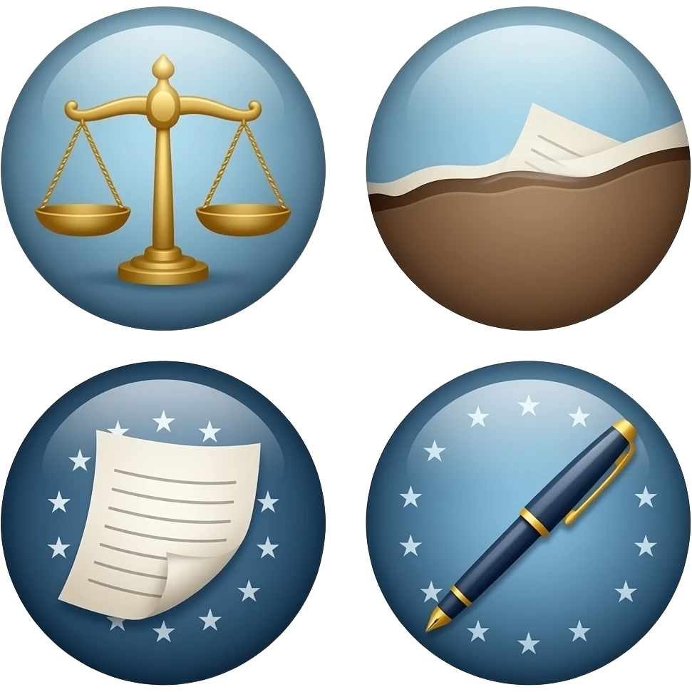 3 spheres with symbols one with a justice balance other with paper and other with a presidential pen emoji