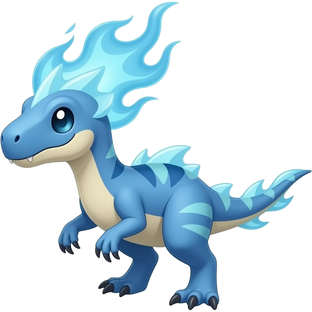 blue raptor fakemon with ice above like burning with ice emoji