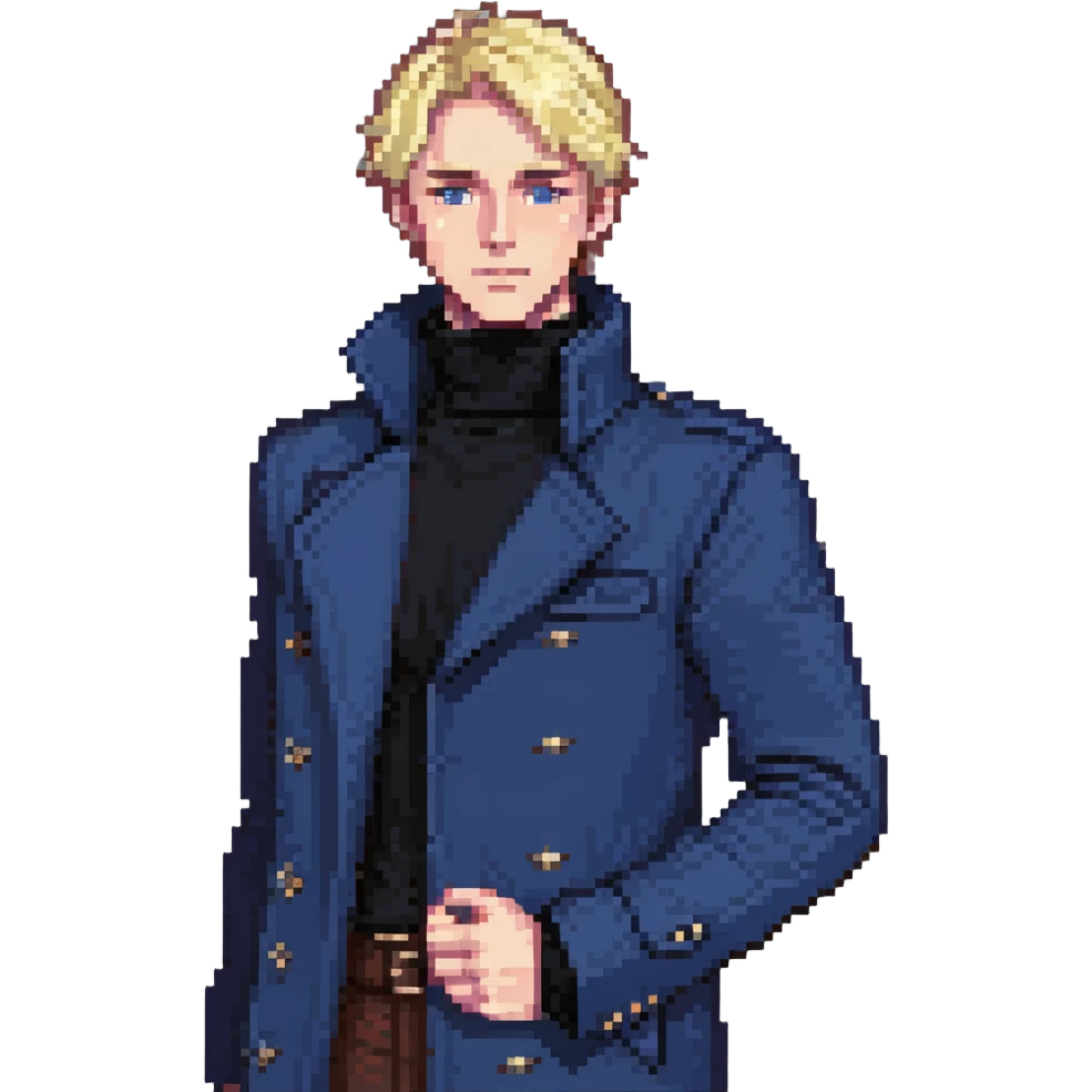 Flat pixel art, bold and charismatic male leader, Caucasian, short neat blonde hair, sharp eyes, indigo coat over black turtleneck, one arm raised pointing out, waist-up, front-facing emoji