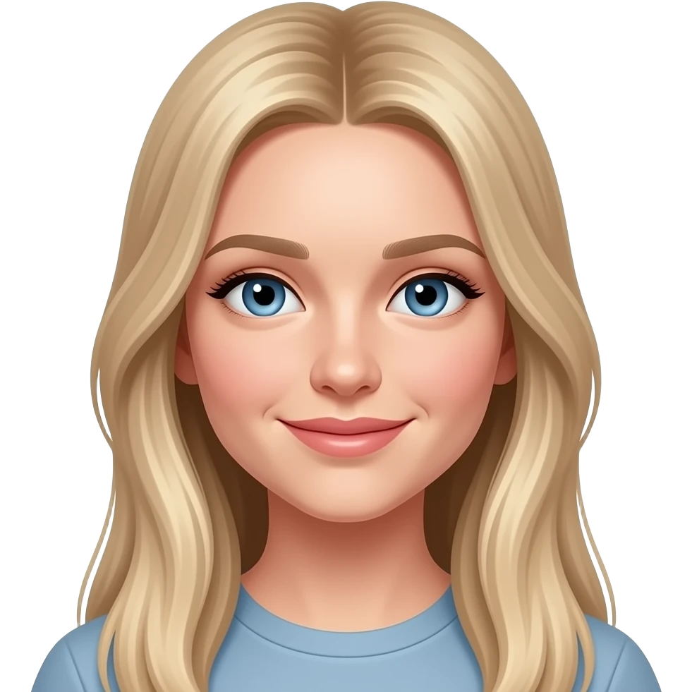 jeune femme blonde, yeux bleus, sourire, rêveuse, cheveux longs lisses, belle, look norvégien emoji