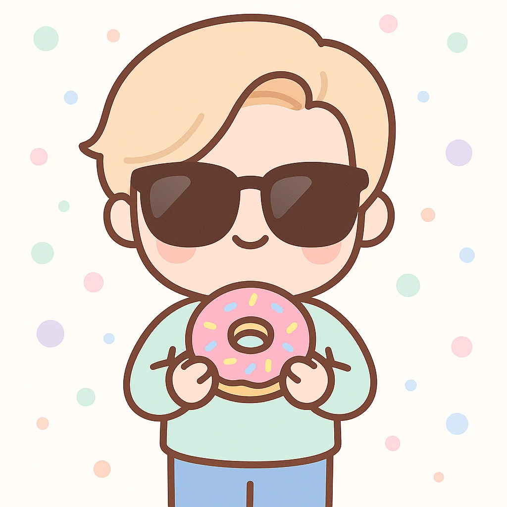 Add sunglasses to Justin Bieber while he holds a donut, keep kawaii style, cute kawaii style with sunglasses added on face, donut in hand visible clearly. emoji