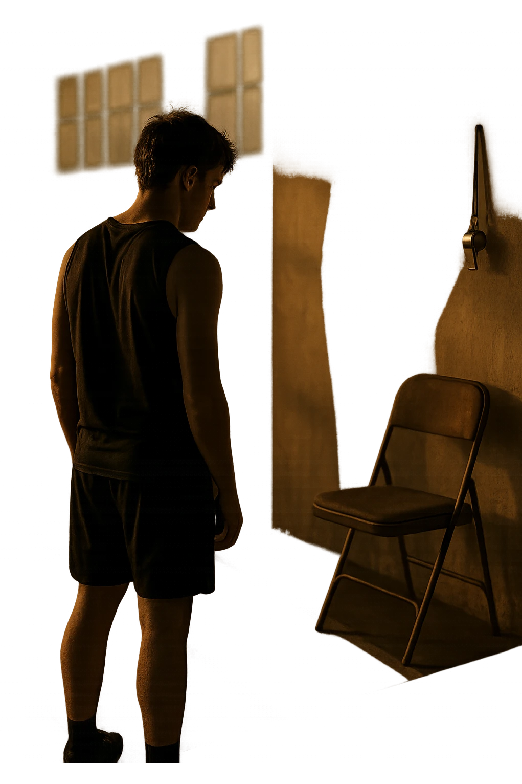 cinematic a person stands alone on a running track or in a fitness studio, glancing toward an empty coach’s chair or whistle hanging on a hook. The absence of the coach is emphasized by a faint, transparent silhouette or shadow where the coach should be. The atmosphere is quiet and a bit disheartened. emoji