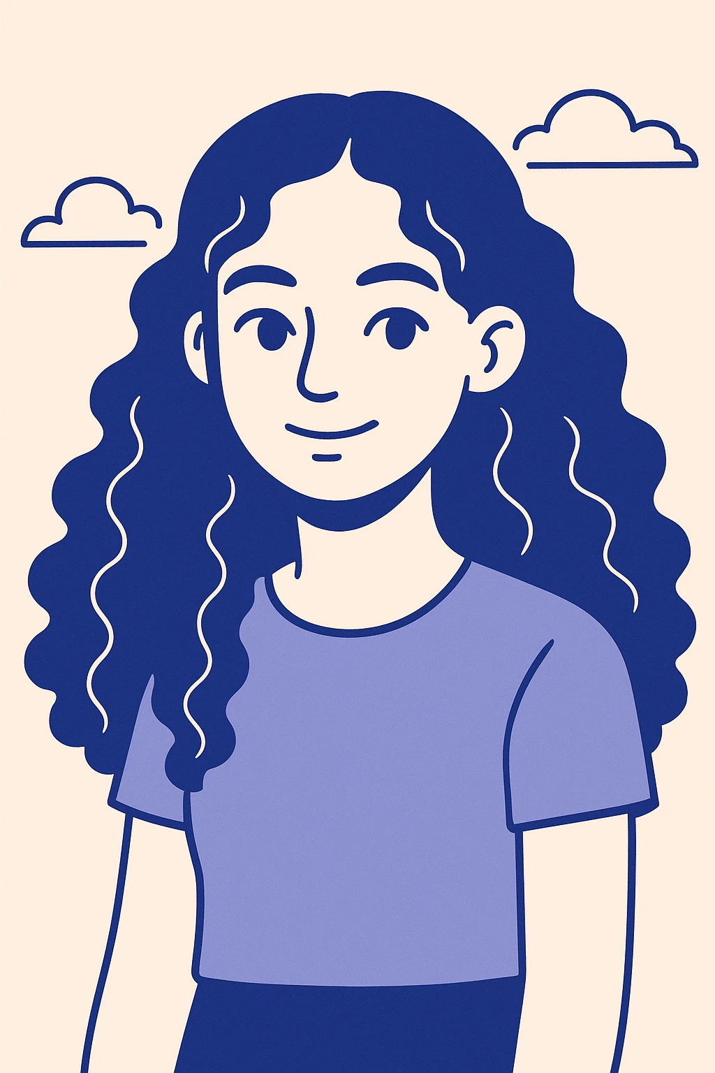 portrait of a girl with long curly brown hair type 3a and dark brown eyes, modern cartoon style emoji
