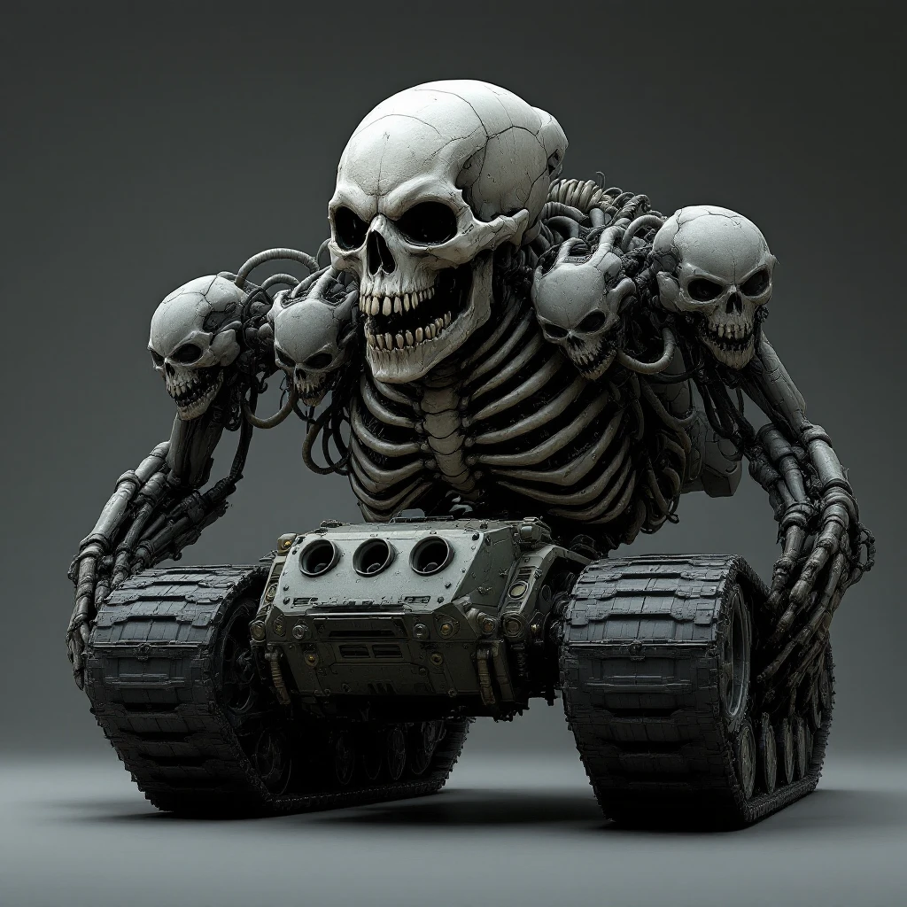 Make the skull tank look like a massive, intimidating vehicle with four arms and no legs. The ribcage and spine connect directly to a huge tank chassis, giving an aggressive and powerful appearance. Match the style and mood of the attached reference image. emoji