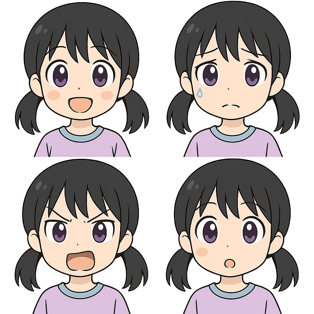 Change hair color to black, keep anime girl with purple eyes, classic anime style, various emotions, clean lines, no background. emoji