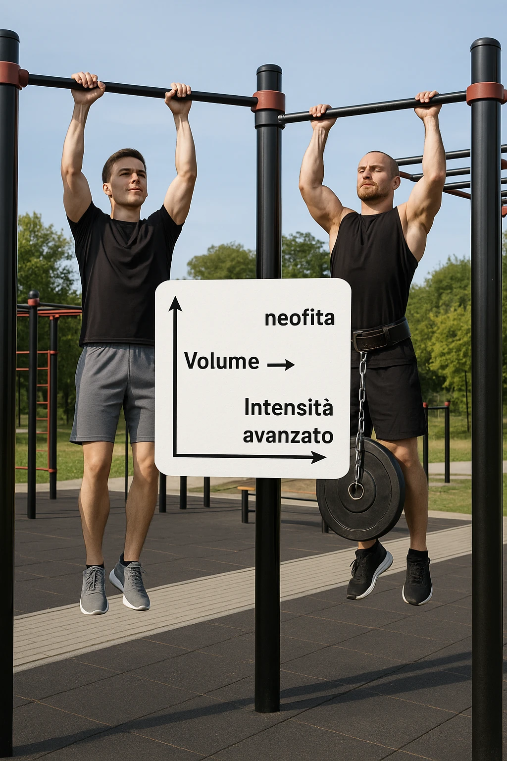 Due atleti fianco a fianco in un parco attrezzato: a sinistra il neofita che fa 10 trazioni leggere con concentrazione, a destra l’atleta avanzato con cintura zavorrata che fa 3 ripetizioni lente e pesanti. Tra loro, grafico sospeso in aria che mostra: 'Volume → neofita | Intensità → avanzato'. Stile realistico con elementi educativi visivi in italiano emoji