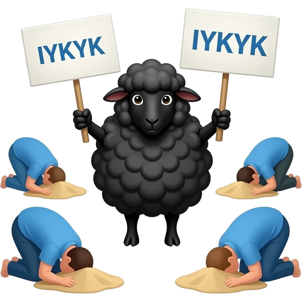 Black sheep Full black wool Black sheep with a sign saying “IYKYK. and in the background is people Burying their heads in the sand in blue tops. but they are people not sheep. emoji