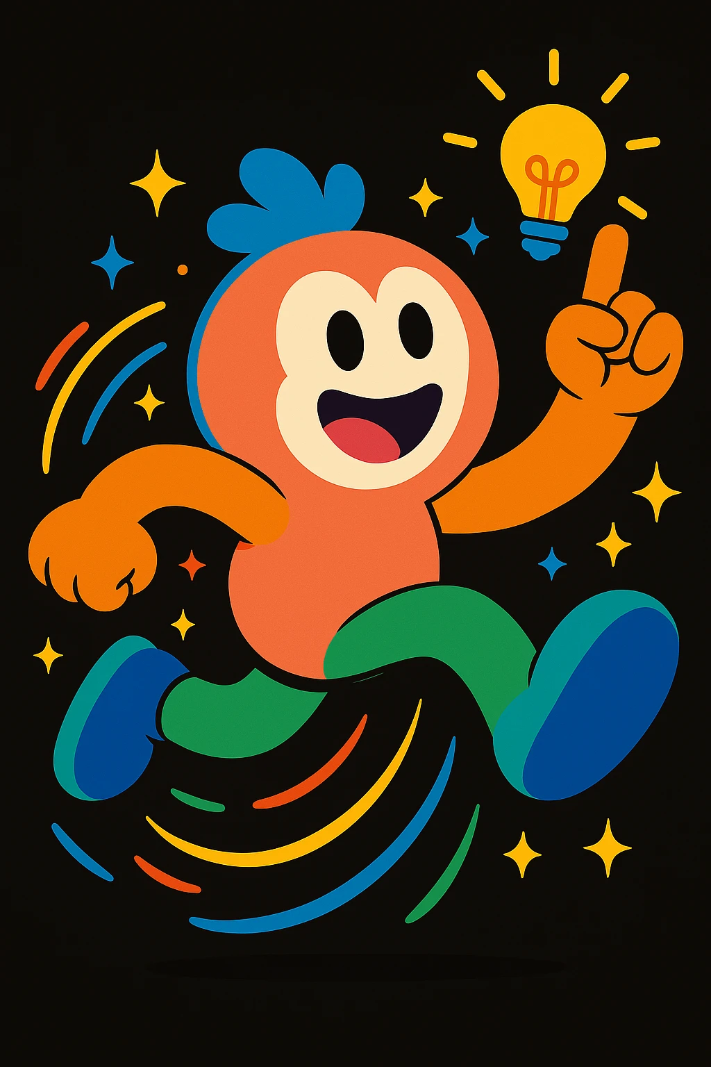 Replace the mascot in this image with the same unified mascot character used in the other two images. Maintain the colorful motion lines, sparkles, and dynamic accents to keep the playful, energetic, and imaginative vibe suitable for a black website background. emoji