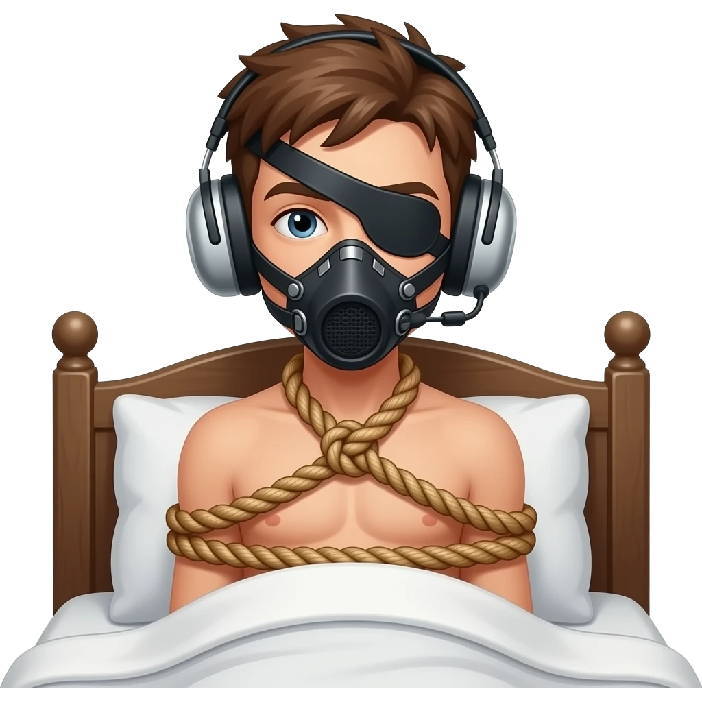 Rope Bondage naked boy bed tied muzzle blindfold earmuffs emoji