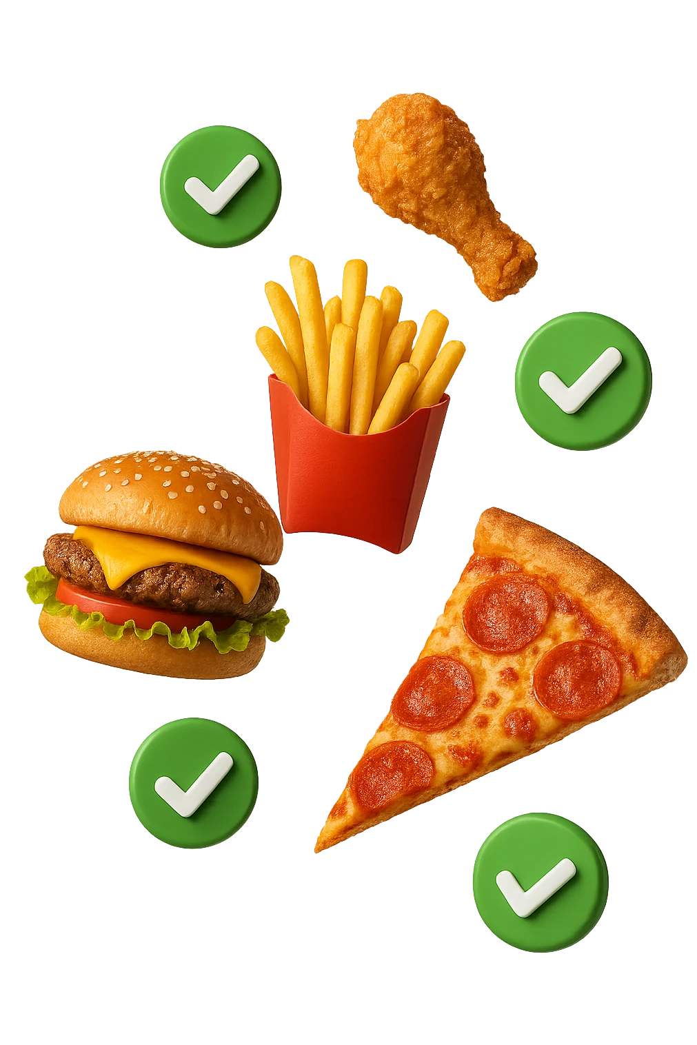 fast food realistico fluttua in aria insieme a spunte di verificato in 3d emoji