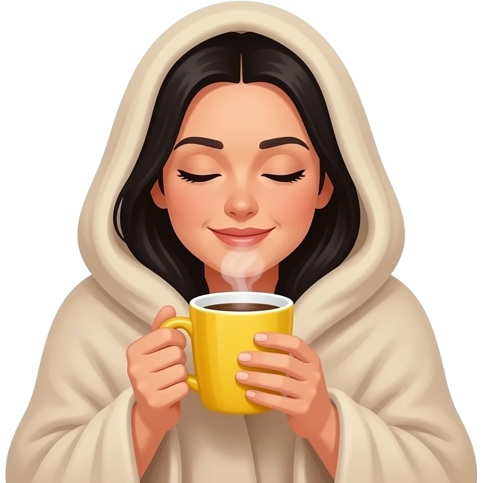A white woman with black hair, with a large beige blanket, drinking coffee in a yellow mug, cozy and peace, iPhone emoji style emoji