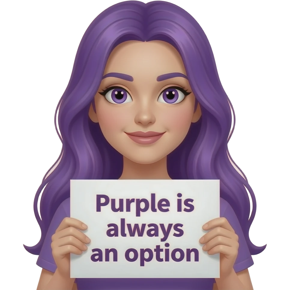 sexy girl with long purple hair and purple eyes holding a -PURPLE- is always an option sign emoji