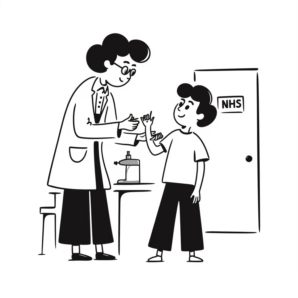 A 1960s doctor injecting a measles vaccination to a happy child in a doctors surgery.  On the door is a sign that reads NHS emoji
